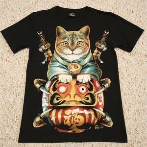 Caballo Cat Samurai Graphic T Shirt Unisex Men XS Women S Black M casual